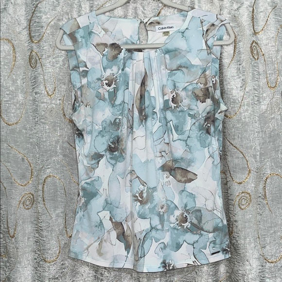 Calvin Klein Tops - Calvin Klein Women's Floral Sleeveless Blouse - Blue and Brown